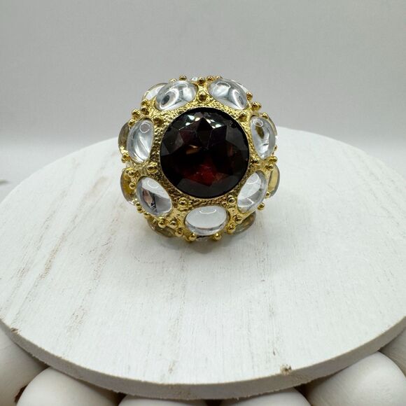 Huge Domed Cocktail Ring Faux Garnet With Clear Cabochons HSN QVC Size 6.5 - Picture 10 of 13